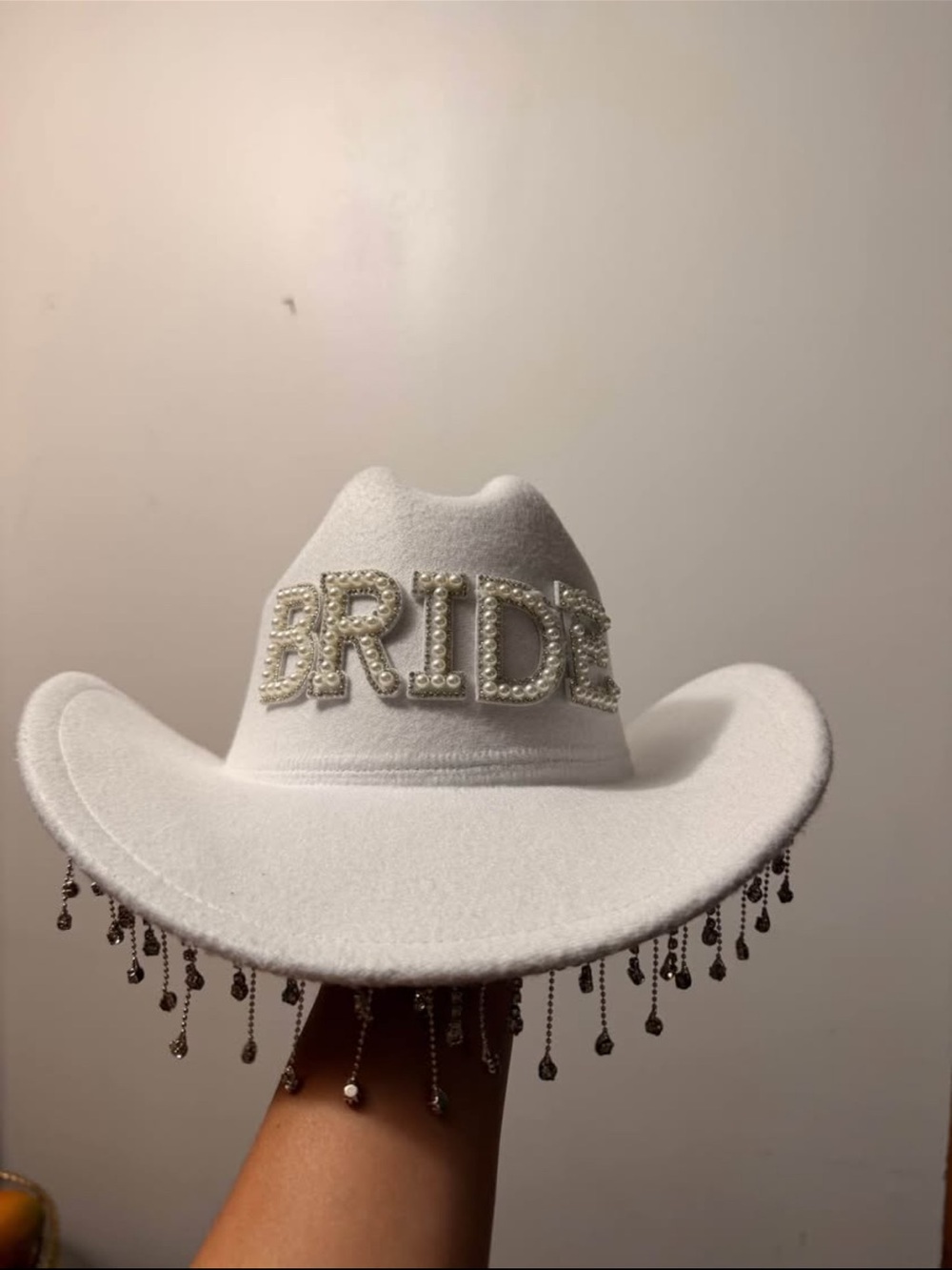 White Bridal Cowboy Hat with Beaded 'BRIDE' Lettering